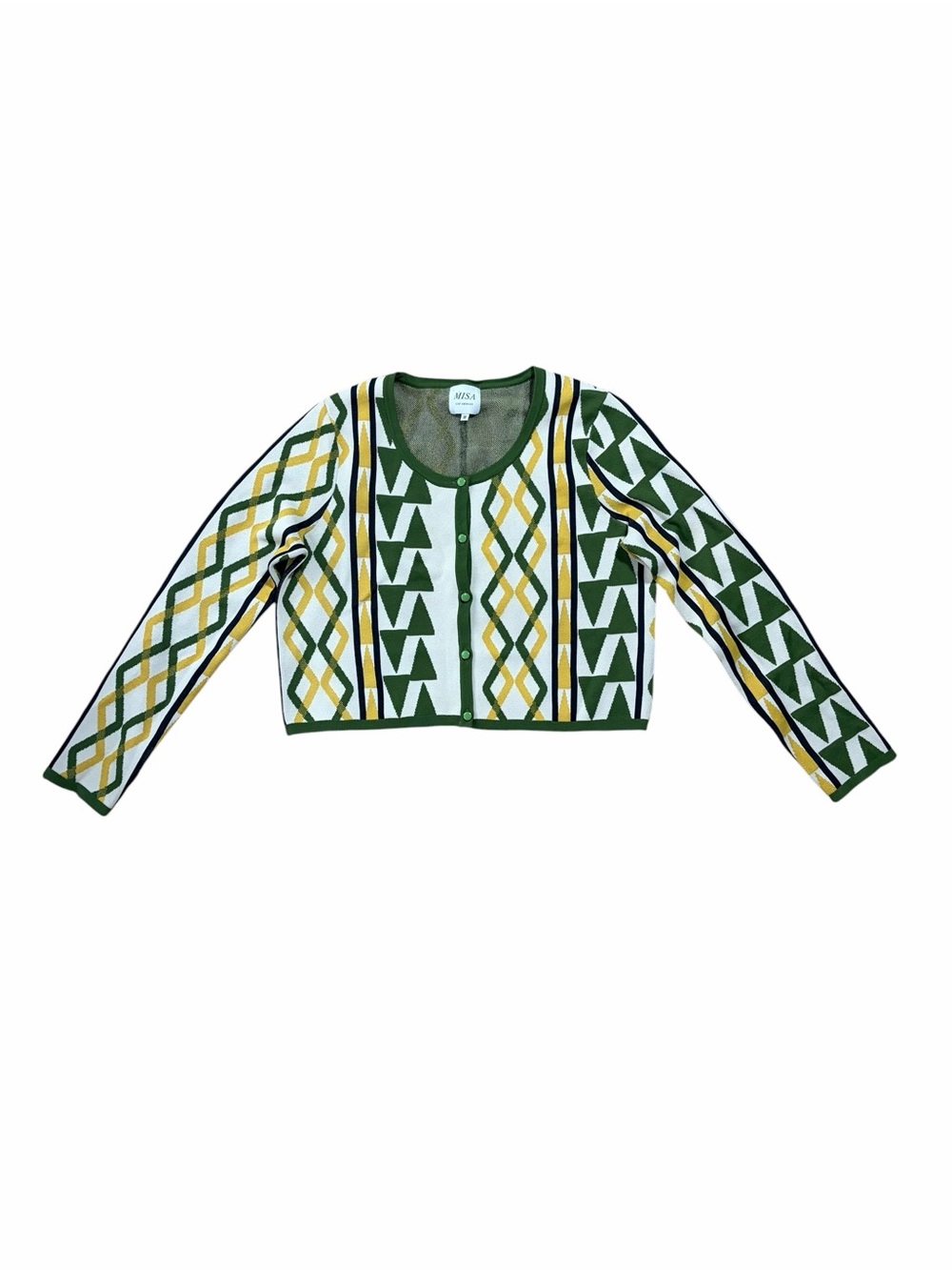 Misa Los Angeles Green White and Mustard Geometric Knit Cardigan Size Medium